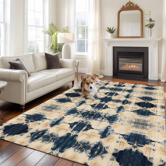 6'x9' Area Rugs, Dark Blue Boho Indoor Outdoor Area Rug for Living Room Bedroom, Vintage Shabby Chic Abstract Motifs Washable Bathroom Rugs Kitchen Floor Carpet Mats Home Decor Aesthetic