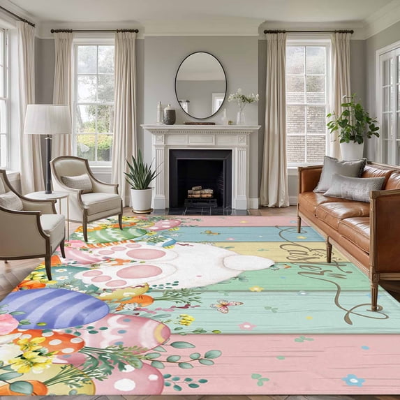 6'x9' Area Rugs, Easter Indoor Outdoor Area Rug for Living Room Bedroom, Spring Rabbit Ears Foot Eggs Floral Wooden Grain Washable Bathroom Rugs Kitchen Floor Carpet Mats Home Decor Aesthetic