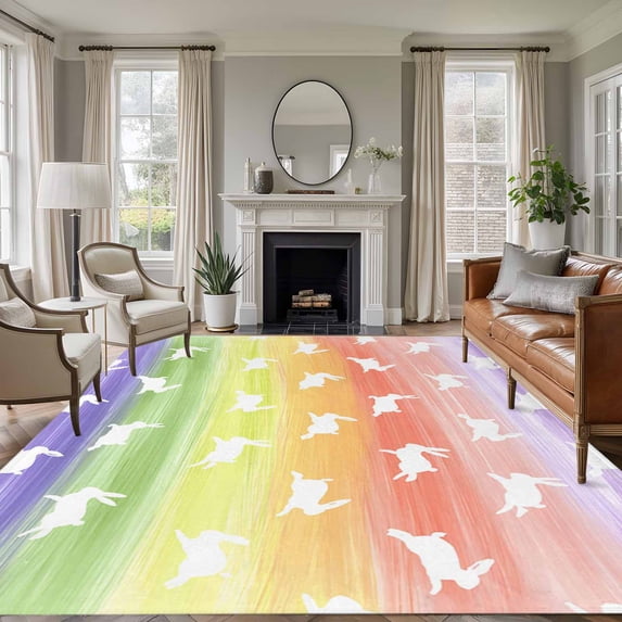 6'x9' Area Rugs, Easter Indoor Outdoor Area Rug for Living Room Bedroom, Spring Rabbit Silhouette Colorful Rainbow Graffiti Washable Bathroom Rugs Kitchen Floor Carpet Mats Home Decor Aesthetic