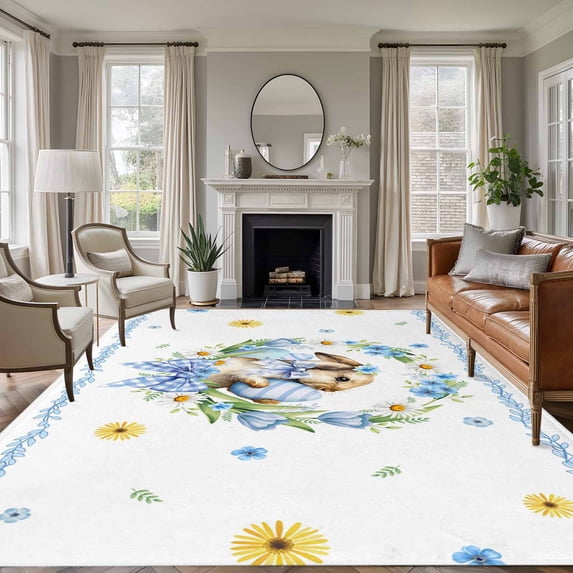6'x9' Area Rugs, Easter Rabbits Eggs Indoor Outdoor Area Rug for Living Room Bedroom, Watercolor Floral Daisy Bunny Bow Spring Washable Bathroom Rugs Kitchen Floor Carpet Mats Home Decor Aesthetic