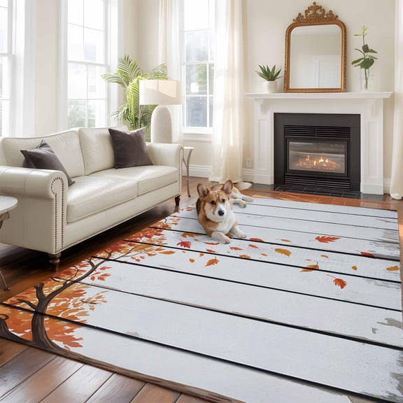 6'x9' Area Rugs, Fall Maple Leaf Indoor Outdoor Area Rug for Living Room Bedroom, Autumn Tree Leaves Retro Wooden Grain Washable Bathroom Rugs Kitchen Floor Carpet Mats Home Decor Aesthetic