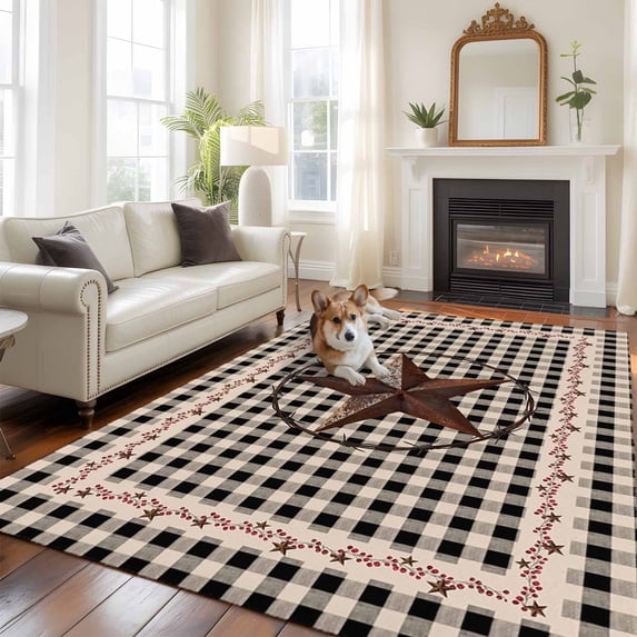 6'x9' Area Rugs, Farm Plaid Indoor Outdoor Area Rug for Living Room Bedroom, West Texas Star Rustic Farmhouse Black Brown Washable Bathroom Rugs Kitchen Floor Carpet Mats Home Decor Aesthetic