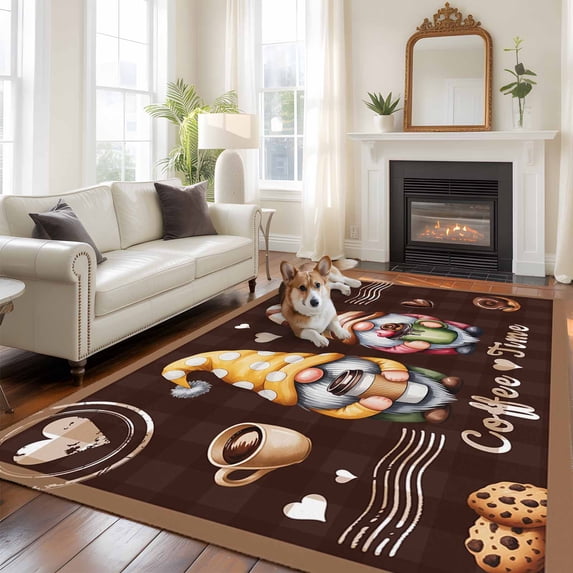 6'x9' Area Rugs, Farmhouse Coffee Time Indoor Outdoor Area Rug for Living Room Bedroom, Vintage Gnomes Desserts Brown Plaid Washable Bathroom Rugs Kitchen Floor Carpet Mats Home Decor Aesthetic