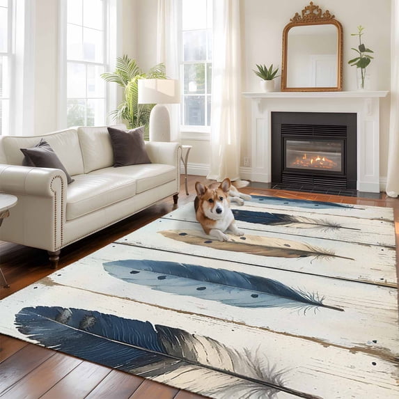 6'x9' Area Rugs, Farmhouse Feather Indoor Outdoor Area Rug for Living Room Bedroom, Watercolor Vintage Wooden Grain Washable Bathroom Rugs Kitchen Floor Carpet Mats Home Decor Aesthetic