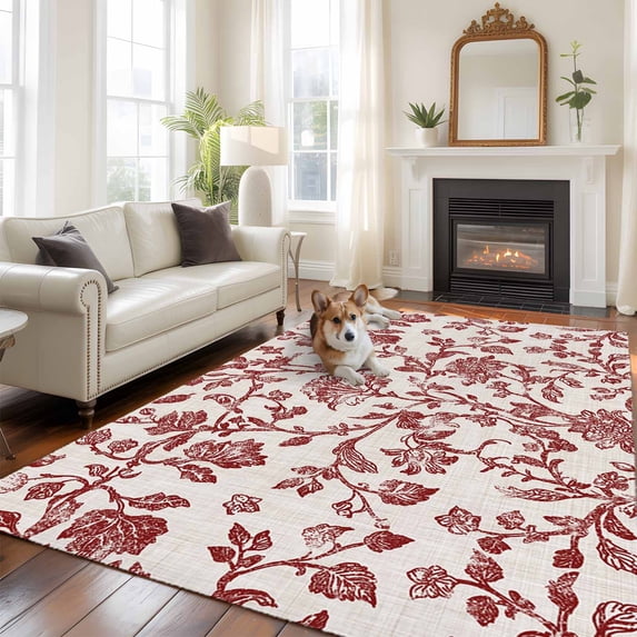 6'x9' Area Rugs, Farmhouse Red Indoor Outdoor Area Rug for Living Room Bedroom, Vintage Flower Leaf Botanical Plant Washable Bathroom Rugs Kitchen Floor Carpet Mats Home Decor Aesthetic