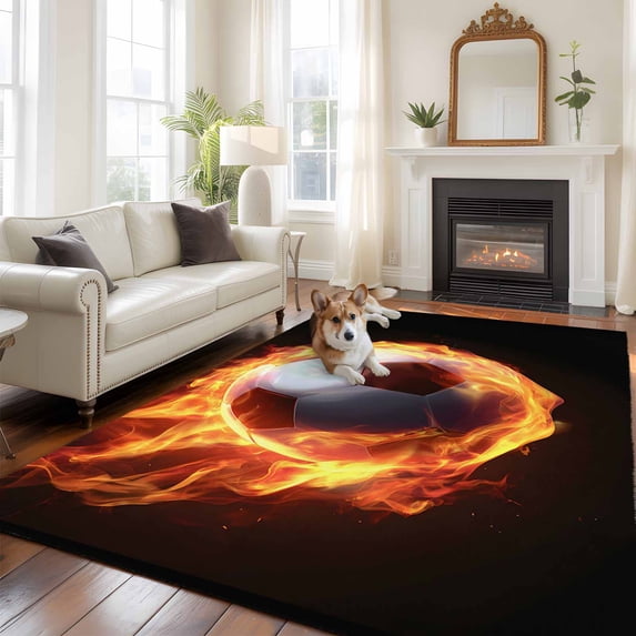 6'x9' Area Rugs, Football Indoor Outdoor Area Rug for Living Room Bedroom, Modern Buruning Flame Sport Black Background Washable Bathroom Rugs Kitchen Floor Carpet Mats Home Decor Aesthetic