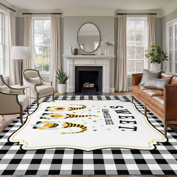 6'x9' Area Rugs, Gnomes Bees Indoor Outdoor Area Rug for Living Room Bedroom, Spring Sunflowers Honey Daisy Black Plaid Washable Bathroom Rugs Kitchen Floor Carpet Mats Home Decor Aesthetic