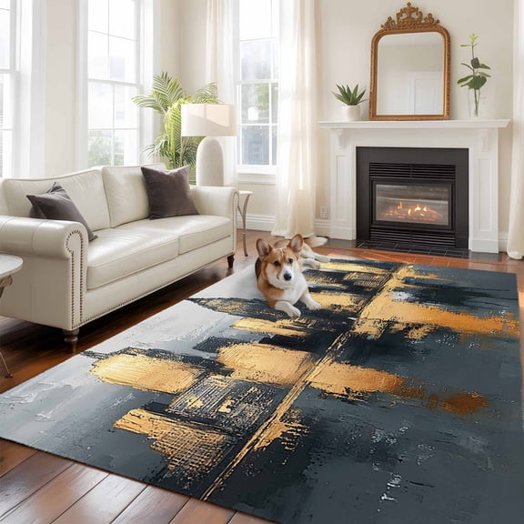 6'x9' Area Rugs, Gold Black Building Indoor Outdoor Area Rug for Living Room Bedroom, Modern Chic City Oil Painting Washable Bathroom Rugs Kitchen Floor Carpet Mats Home Decor Aesthetic