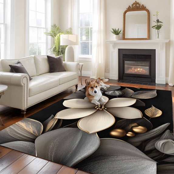 6'x9' Area Rugs, Gold Black Flower Indoor Outdoor Area Rug for Living Room Bedroom, Blossoming Botanical Prints Leaf Washable Bathroom Rugs Kitchen Floor Carpet Mats Home Decor Aesthetic