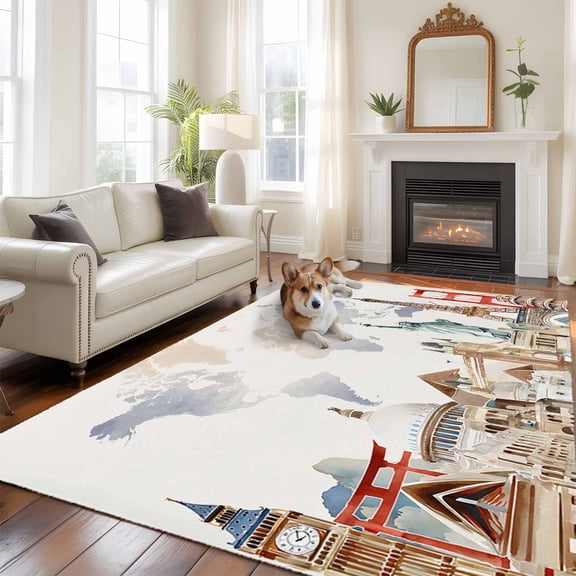 6'x9' Area Rugs, Gray Beige Map Indoor Outdoor Area Rug for Living Room Bedroom, Funny Abstract Cloud Illustration Art Washable Bathroom Rugs Kitchen Floor Carpet Mats Home Decor Aesthetic