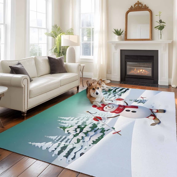 6'x9' Area Rugs, Green Christmas Indoor Outdoor Area Rug for Living Room Bedroom, Winter Skiing Snowman Pine Tree Washable Bathroom Rugs Kitchen Floor Carpet Mats Home Decor Aesthetic