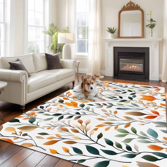 6'x9' Area Rugs, Green Orange Leaves Indoor Outdoor Area Rug for Living Room Bedroom, Spring Garden Botanical Washable Bathroom Rugs Kitchen Floor Carpet Mats Home Decor Aesthetic