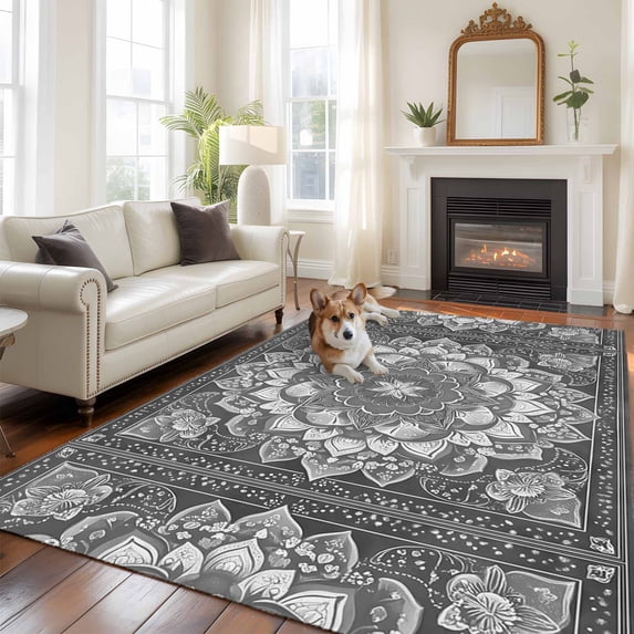 6'x9' Area Rugs, Grey Boho Indoor Outdoor Area Rug for Living Room Bedroom, Abstract Floral Southwestern Ethnic Tribal Washable Bathroom Rugs Kitchen Floor Carpet Mats Home Decor Aesthetic