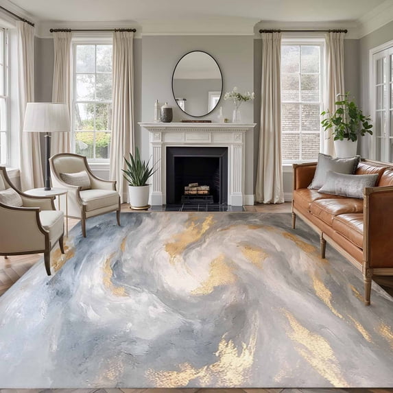 6'x9' Area Rugs, Grey Golden Indoor Outdoor Area Rug for Living Room Bedroom, Modern Oil Painting Abstract Washable Bathroom Rugs Kitchen Floor Carpet Mats Home Decor Aesthetic
