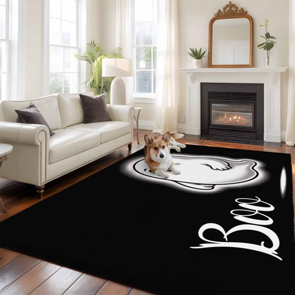 6'x9' Area Rugs, Halloween Indoor Outdoor Area Rug for Living Room Bedroom, Black Spooky Ghost Boo Cute Halloween Decorations Washable Bathroom Rugs Kitchen Floor Carpet Mats Home Decor Aesthetic