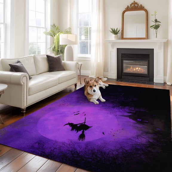 6'x9' Area Rugs, Halloween Indoor Outdoor Area Rug for Living Room Bedroom, Castle Witch Horror Tree Moon Bat Purple Washable Bathroom Rugs Kitchen Floor Carpet Mats Home Decor Aesthetic