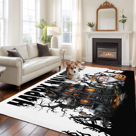 6'x9' Area Rugs, Halloween Indoor Outdoor Area Rug for Living Room Bedroom, Skull Pumpkin Gnomes Bare Tree Hunting House Washable Bathroom Rugs Kitchen Floor Carpet Mats Home Decor Aesthetic