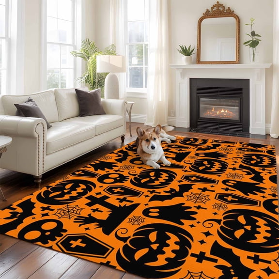 6'x9' Area Rugs, Halloween Indoor Outdoor Area Rug for Living Room Bedroom, Spooky Pumpkin Fall Horror Skull Bones Ghost Washable Bathroom Rugs Kitchen Floor Carpet Mats Home Decor Aesthetic