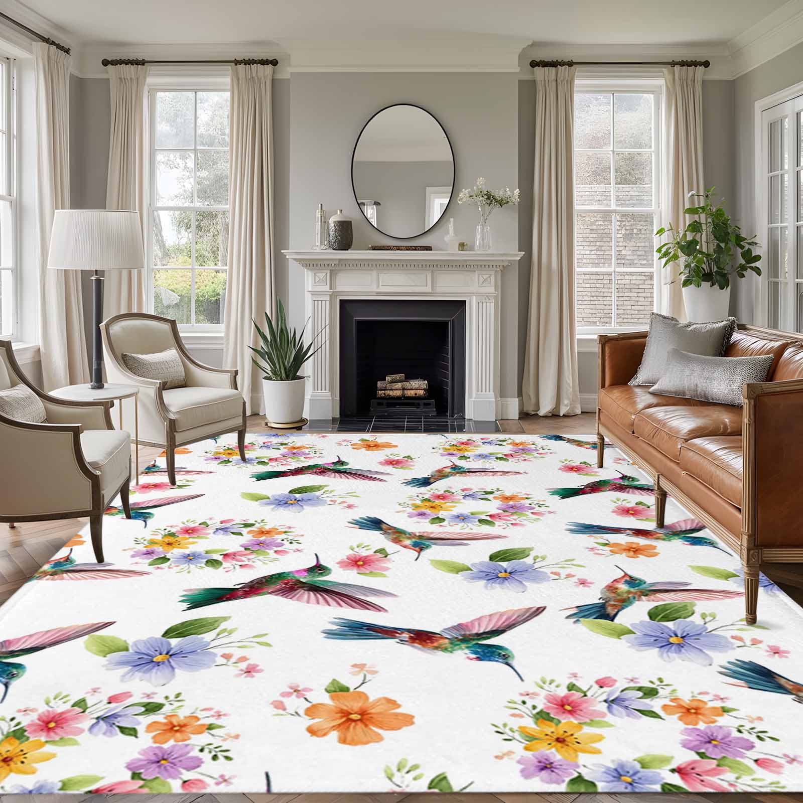 Round Hummingbird Rug 6'x9' Area Rugs, Hummingbirds Indoor Outdoor Area Rug for Living Room ...