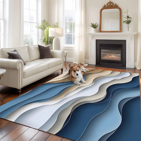 6'x9' Area Rugs, Modern Blue Brown Indoor Outdoor Area Rug for Living Room Bedroom, Coastal Beach Wave Geometric Washable Bathroom Rugs Kitchen Floor Carpet Mats Home Decor Aesthetic