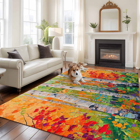 6'x9' Area Rugs, Modern Oil Painting Indoor Outdoor Area Rug for Living Room Bedroom, Summer Tree Leaves Yellow Green Washable Bathroom Rugs Kitchen Floor Carpet Mats Home Decor Aesthetic