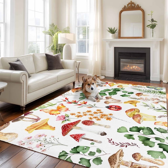 6'x9' Area Rugs, Mushrooms Ferns Indoor Outdoor Area Rug for Living Room Bedroom, Watercolor Forest Floral Botanical Spring Washable Bathroom Rugs Kitchen Floor Carpet Mats Home Decor Aesthetic
