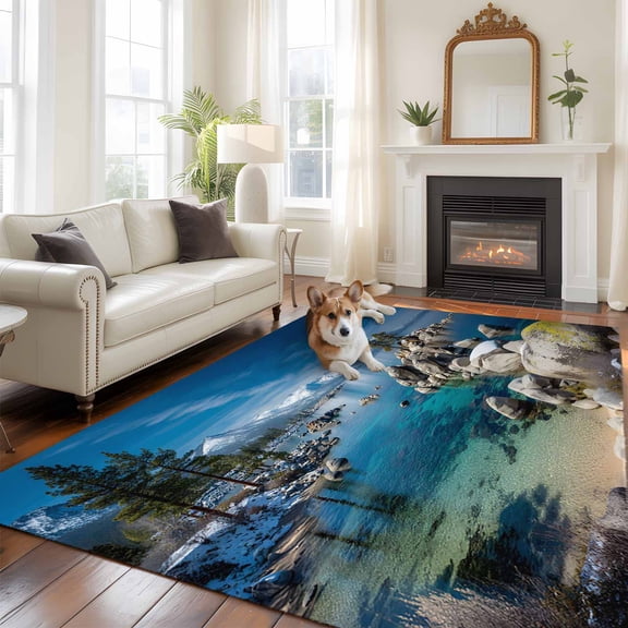 6'x9' Area Rugs, Nature Forest Indoor Outdoor Area Rug for Living Room Bedroom, Blue Sky Mountain Stone Lake Landscape Washable Bathroom Rugs Kitchen Floor Carpet Mats Home Decor Aesthetic