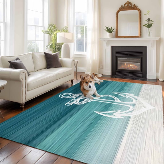 6'x9' Area Rugs, Nautical Anchor Teal Green Indoor Outdoor Area Rug for Living Room Bedroom, Coastal Ocean Ombre Striped Washable Bathroom Rugs Kitchen Floor Carpet Mats Home Decor Aesthetic