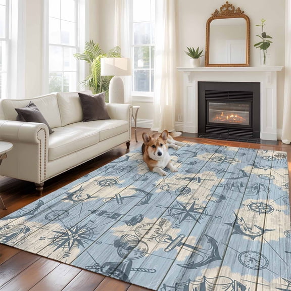 6'x9' Area Rugs, Nautical Blue Indoor Outdoor Area Rug for Living Room Bedroom, Sailing Anchor Compass Lighthouse Fish Washable Bathroom Rugs Kitchen Floor Carpet Mats Home Decor Aesthetic