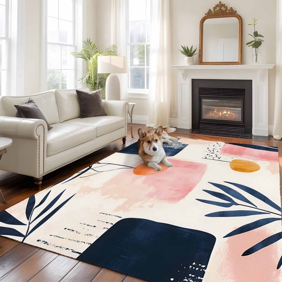 6'x9' Area Rugs, Navy Blue Abstract Art Indoor Outdoor Area Rug for Living Room Bedroom, Modern Geometric Pink Art Washable Bathroom Rugs Kitchen Floor Carpet Mats Home Decor Aesthetic