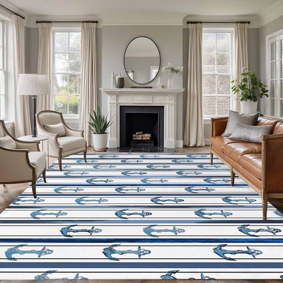 6'x9' Area Rugs, Navy Blue Anchor Nautical Indoor Outdoor Area Rug for Living Room Bedroom, Coastal Ocean Blue Striped Washable Bathroom Rugs Kitchen Floor Carpet Mats Home Decor Aesthetic