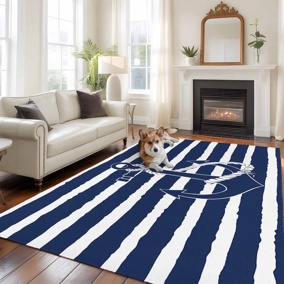 6'x9' Area Rugs, Navy Blue Anchor Nautical Indoor Outdoor Area Rug for Living Room Bedroom, Navy Blue Striped Farmhouse Washable Bathroom Rugs Kitchen Floor Carpet Mats Home Decor Aesthetic