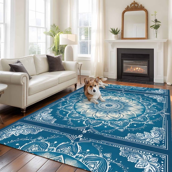 6'x9' Area Rugs, Navy Blue Boho Indoor Outdoor Area Rug for Living Room Bedroom, Southwestern Floral Ethnic Tribal Abstract Washable Bathroom Rugs Kitchen Floor Carpet Mats Home Decor Aesthetic