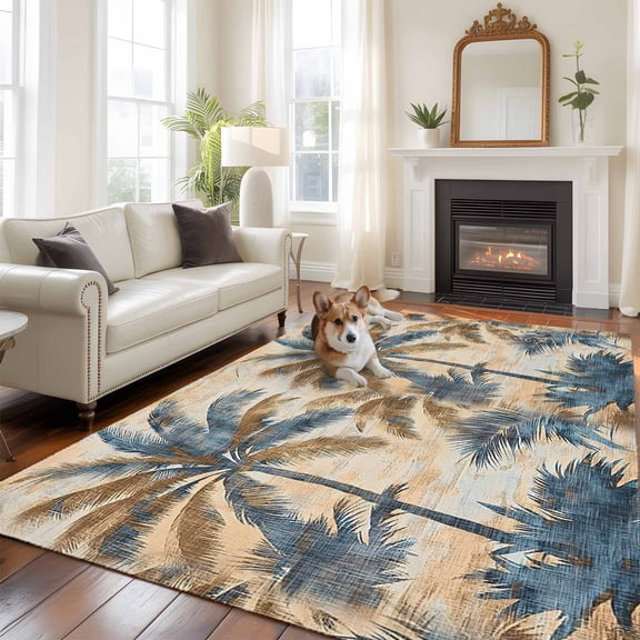 6'x9' Area Rugs, Navy Blue Brown Indoor Outdoor Area Rug for Living Room Bedroom, Tropical Botanical Palm Leaves Retro Washable Bathroom Rugs Kitchen Floor Carpet Mats Home Decor Aesthetic