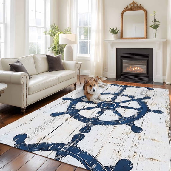 6'x9' Area Rugs, Navy Blue Coastal Indoor Outdoor Area Rug for Living Room Bedroom, Vintage Nautical Summer Rudder Washable Bathroom Rugs Kitchen Floor Carpet Mats Home Decor Aesthetic