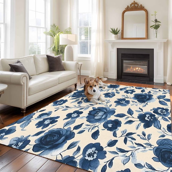 6'x9' Area Rugs, Navy Blue Floral Indoor Outdoor Area Rug for Living Room Bedroom, Spring Retro Botanical Flowers Washable Bathroom Rugs Kitchen Floor Carpet Mats Home Decor Aesthetic