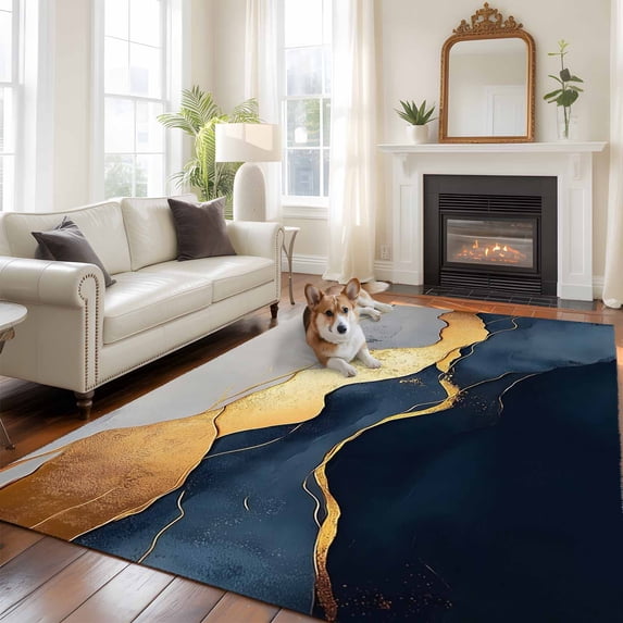 6'x9' Area Rugs, Navy Blue Geometric Indoor Outdoor Area Rug for Living Room Bedroom, Modern Abstract Luxury Golden Washable Bathroom Rugs Kitchen Floor Carpet Mats Home Decor Aesthetic