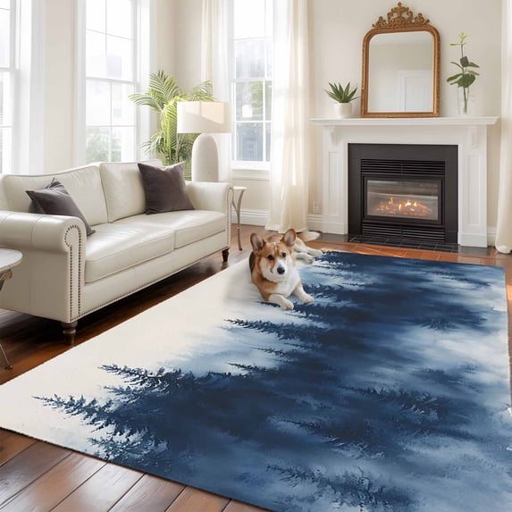 6'x9' Area Rugs, Navy Blue Ombre Forest Indoor Outdoor Area Rug for Living Room Bedroom, Watercolor Abstract Art Tree Washable Bathroom Rugs Kitchen Floor Carpet Mats Home Decor Aesthetic