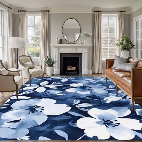 6'x9' Area Rugs, Navy Blue Spring Floral Indoor Outdoor Area Rug for Living Room Bedroom, Summer Flowers Abstract Art Washable Bathroom Rugs Kitchen Floor Carpet Mats Home Decor Aesthetic