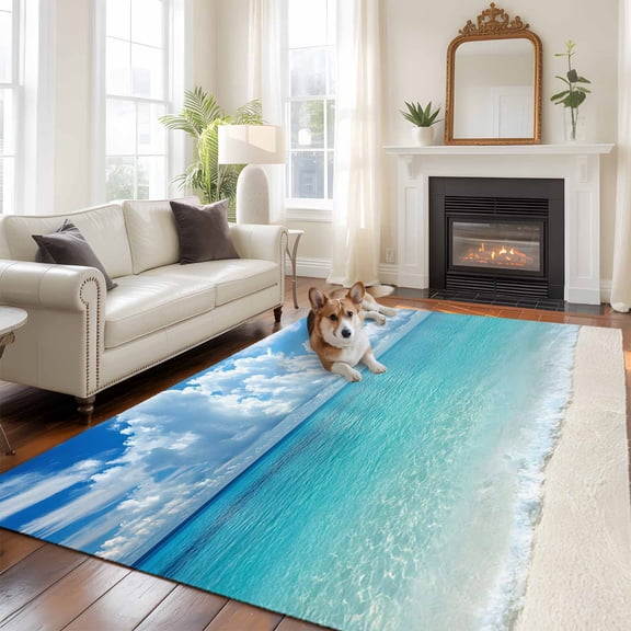 6'x9' Area Rugs, Ocean Blue Indoor Outdoor Area Rug for Living Room Bedroom, Beach Nature Coast Sea Shore Sky Seawater Washable Bathroom Rugs Kitchen Floor Carpet Mats Home Decor Aesthetic