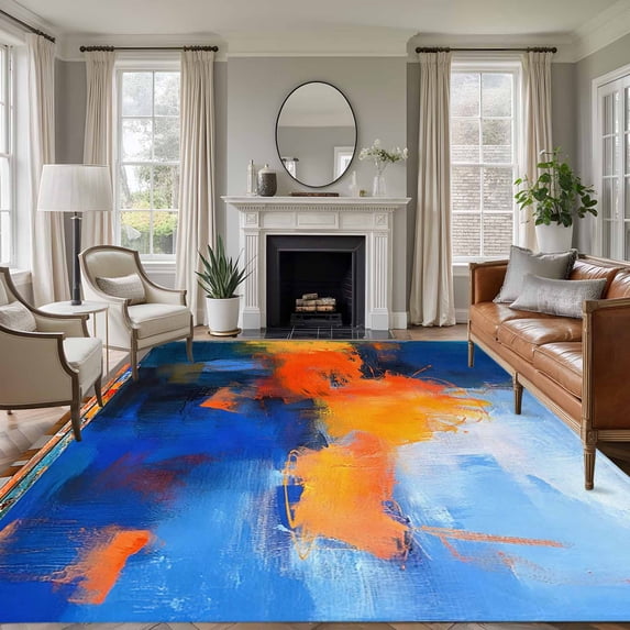 6'x9' Area Rugs, Orange Blue Indoor Outdoor Area Rug for Living Room Bedroom, Geometric Oil Painting Modern Abstract Washable Bathroom Rugs Kitchen Floor Carpet Mats Home Decor Aesthetic