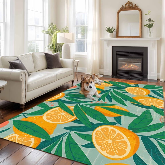 6'x9' Area Rugs, Orange Lemon Indoor Outdoor Area Rug for Living Room Bedroom, Minimalist Tropical Retro Green Palm Leaf Washable Bathroom Rugs Kitchen Floor Carpet Mats Home Decor Aesthetic