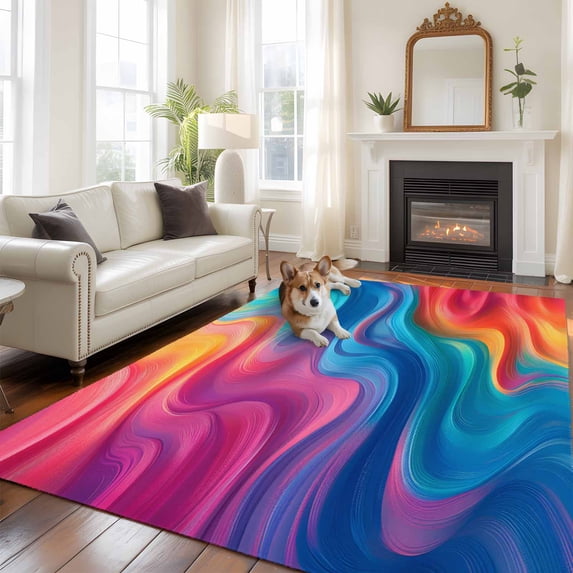 6'x9' Area Rugs, Orange Pink Blue Moire Indoor Outdoor Area Rug for Living Room Bedroom, Minimalist Abstract Waves Washable Bathroom Rugs Kitchen Floor Carpet Mats Home Decor Aesthetic