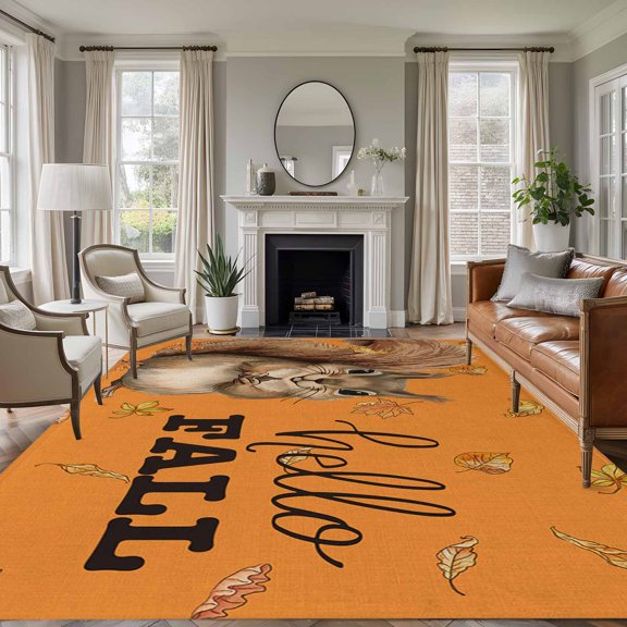 6'x9' Area Rugs, Orange Squirrel Hello Fall Indoor Outdoor Area Rug for Living Room Bedroom, Maple Leaf Thanksgiving Washable Bathroom Rugs Kitchen Floor Carpet Mats Home Decor Aesthetic
