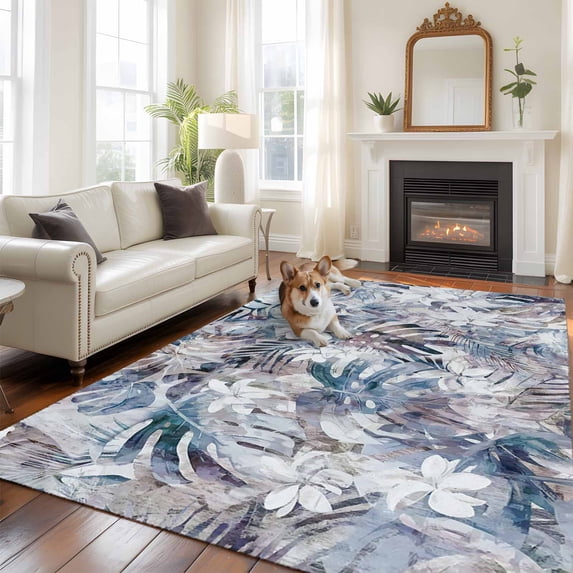 6'x9' Area Rugs, Palm Leaves Indoor Outdoor Area Rug for Living Room Bedroom, Spring Tropical Leaf Botanical Vintage Blue Washable Bathroom Rugs Kitchen Floor Carpet Mats Home Decor Aesthetic