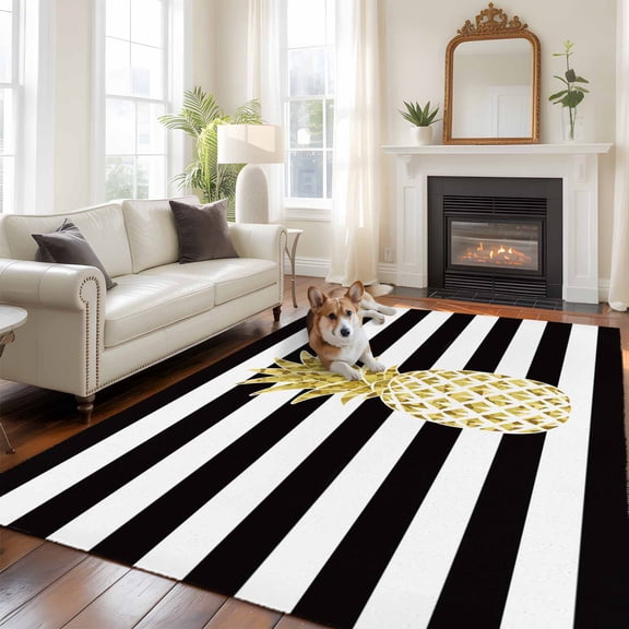 6'x9' Area Rugs, Pineapple Indoor Outdoor Area Rug for Living Room Bedroom, Modern Abstract Fruits Black White Stripe Washable Bathroom Rugs Kitchen Floor Carpet Mats Home Decor Aesthetic
