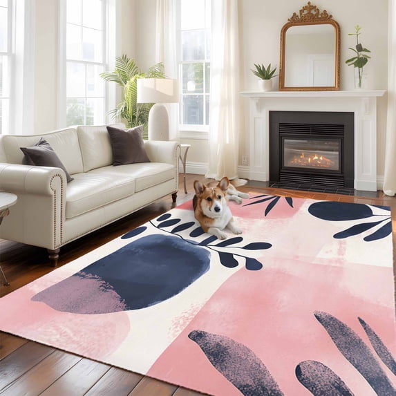 6'x9' Area Rugs, Pink Abstract Art Indoor Outdoor Area Rug for Living Room Bedroom, Modern Geometric Navy Blue Art Washable Bathroom Rugs Kitchen Floor Carpet Mats Home Decor Aesthetic