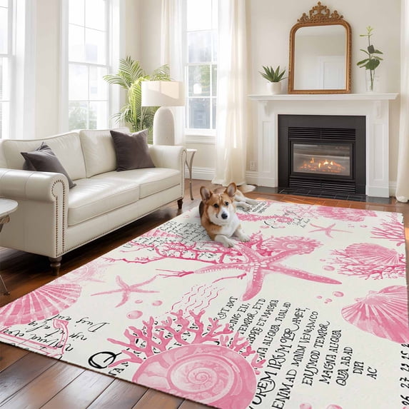 6'x9' Area Rugs, Pink Coastal Starfish Indoor Outdoor Area Rug for Living Room Bedroom, Nautical Rudder Ocean Animals Washable Bathroom Rugs Kitchen Floor Carpet Mats Home Decor Aesthetic