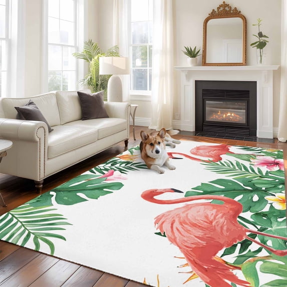 6'x9' Area Rugs, Pink Flamingo Birds Indoor Outdoor Area Rug for Living Room Bedroom, Summer Tropical Plants Flowers Washable Bathroom Rugs Kitchen Floor Carpet Mats Home Decor Aesthetic