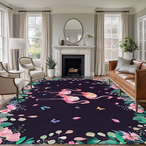 6'x9' Area Rugs, Pink Flamingo Indoor Outdoor Area Rug for Living Room Bedroom, Green Summer Tropical Botanical Black Washable Bathroom Rugs Kitchen Floor Carpet Mats Home Decor Aesthetic